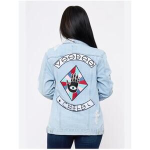 Boom Boom Jeans Distressed Denim Trucker Jacket Light Wash Blue Women's Size NWT